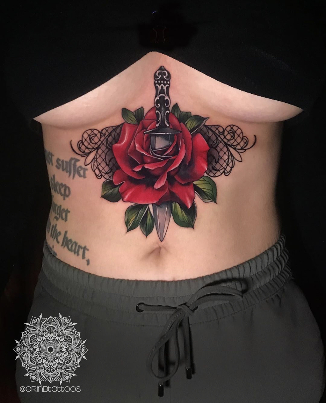 Sternum rose and dagger tattoo by Erin Belley