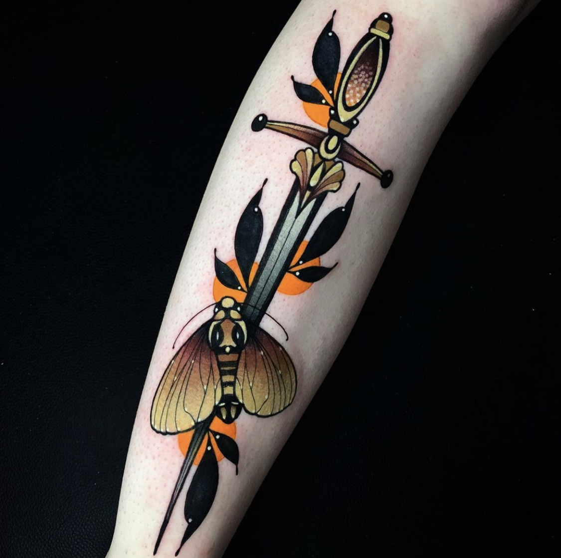 Moth and dagger tattoo by Gillian Marie