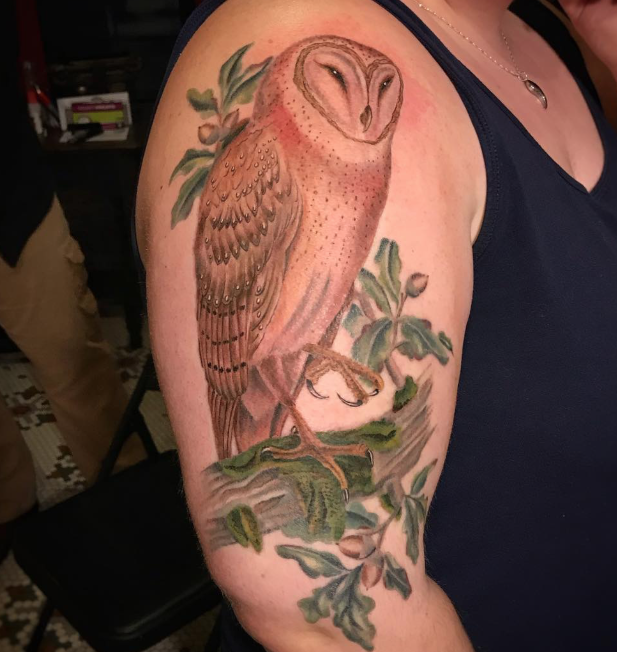 Owl tattoo by Tara Morgan