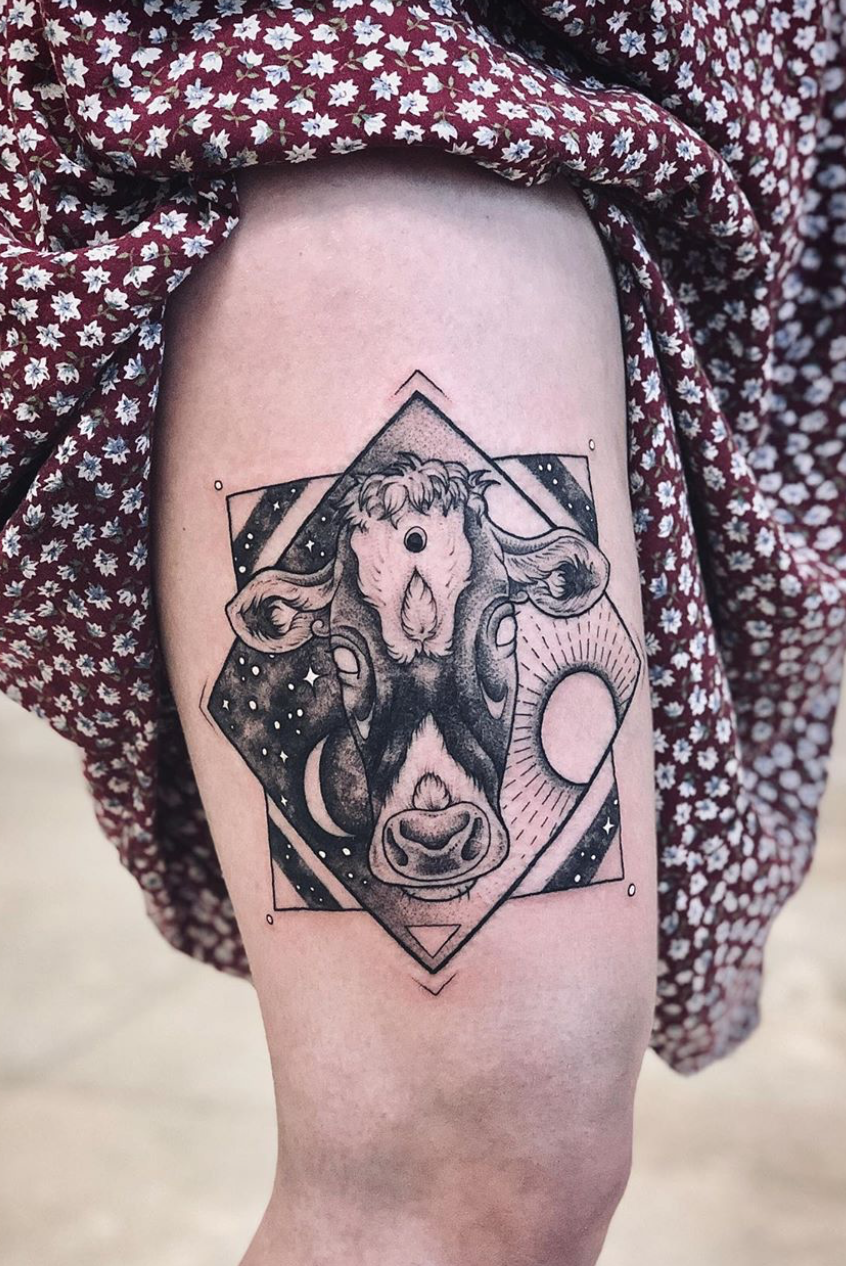 Cow tattoo by Melanie Steinway