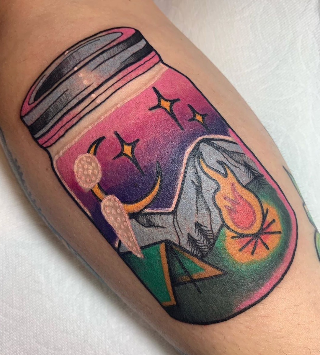 Mason jar tattoo by Carly Zehring