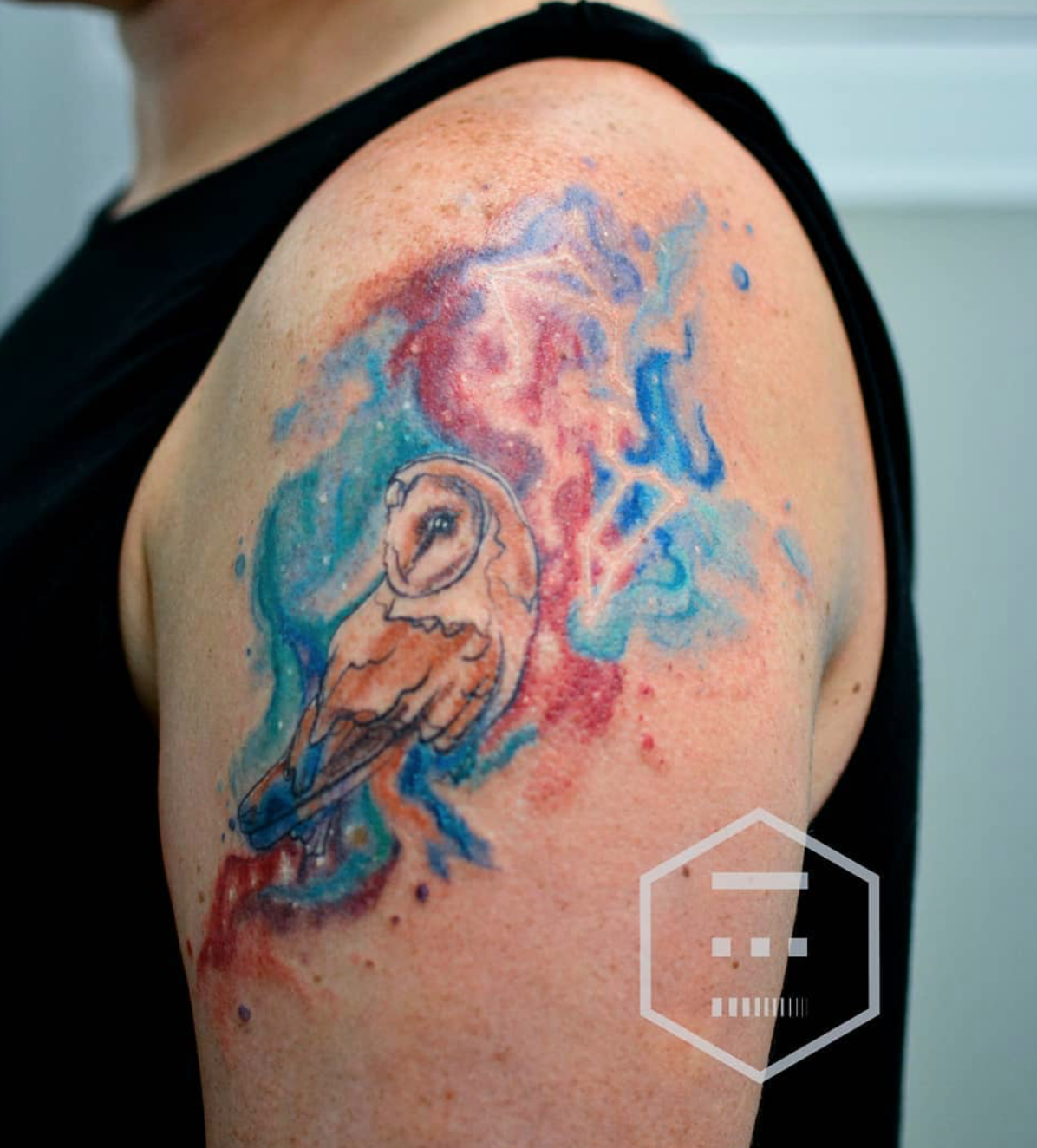 Watercolor owl tattoo by Kelsey Brown