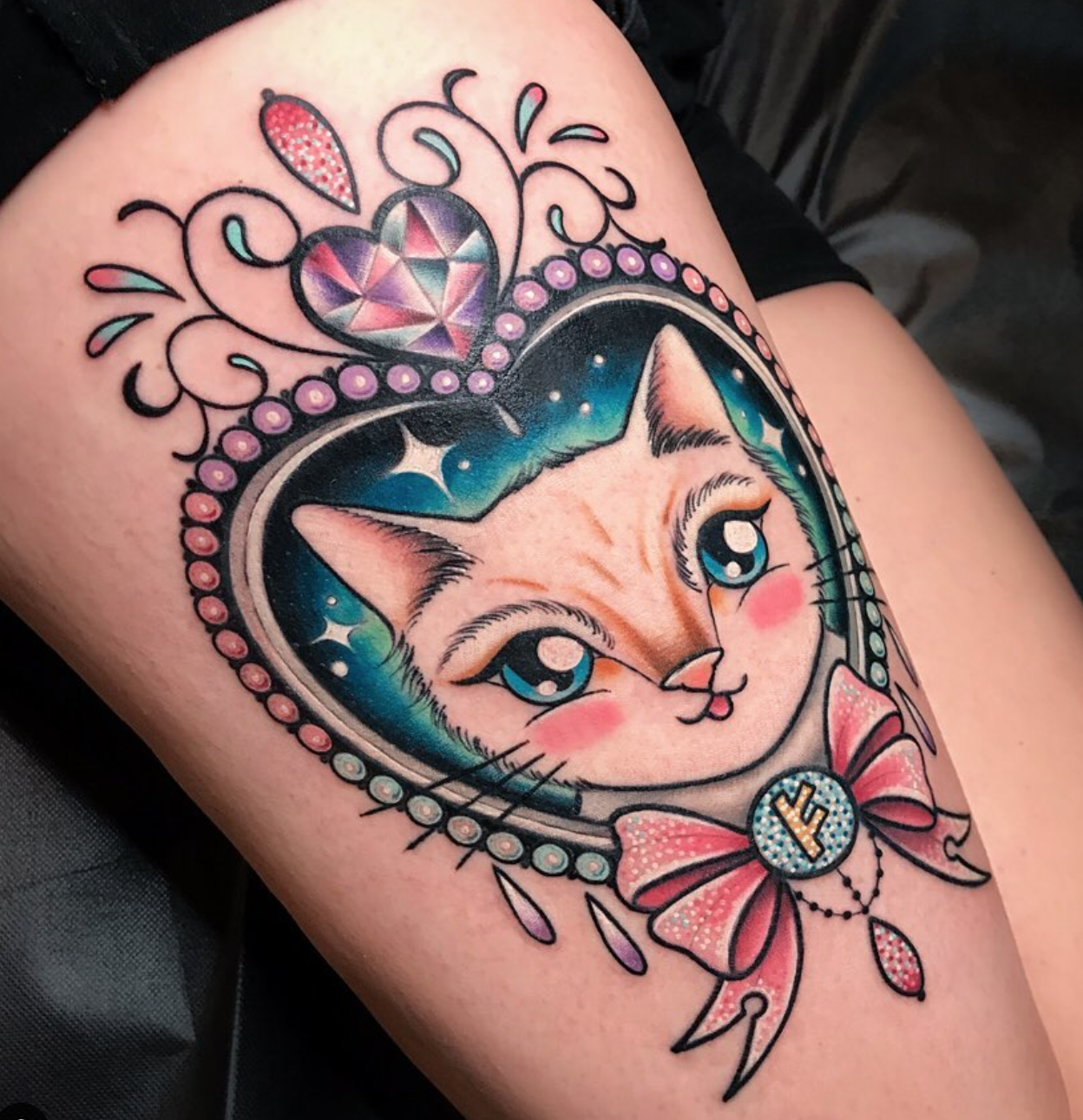 Jeweled cat tattoo by Meredith Little Sky