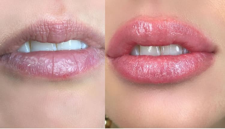 Lip blush tattoo before and after.